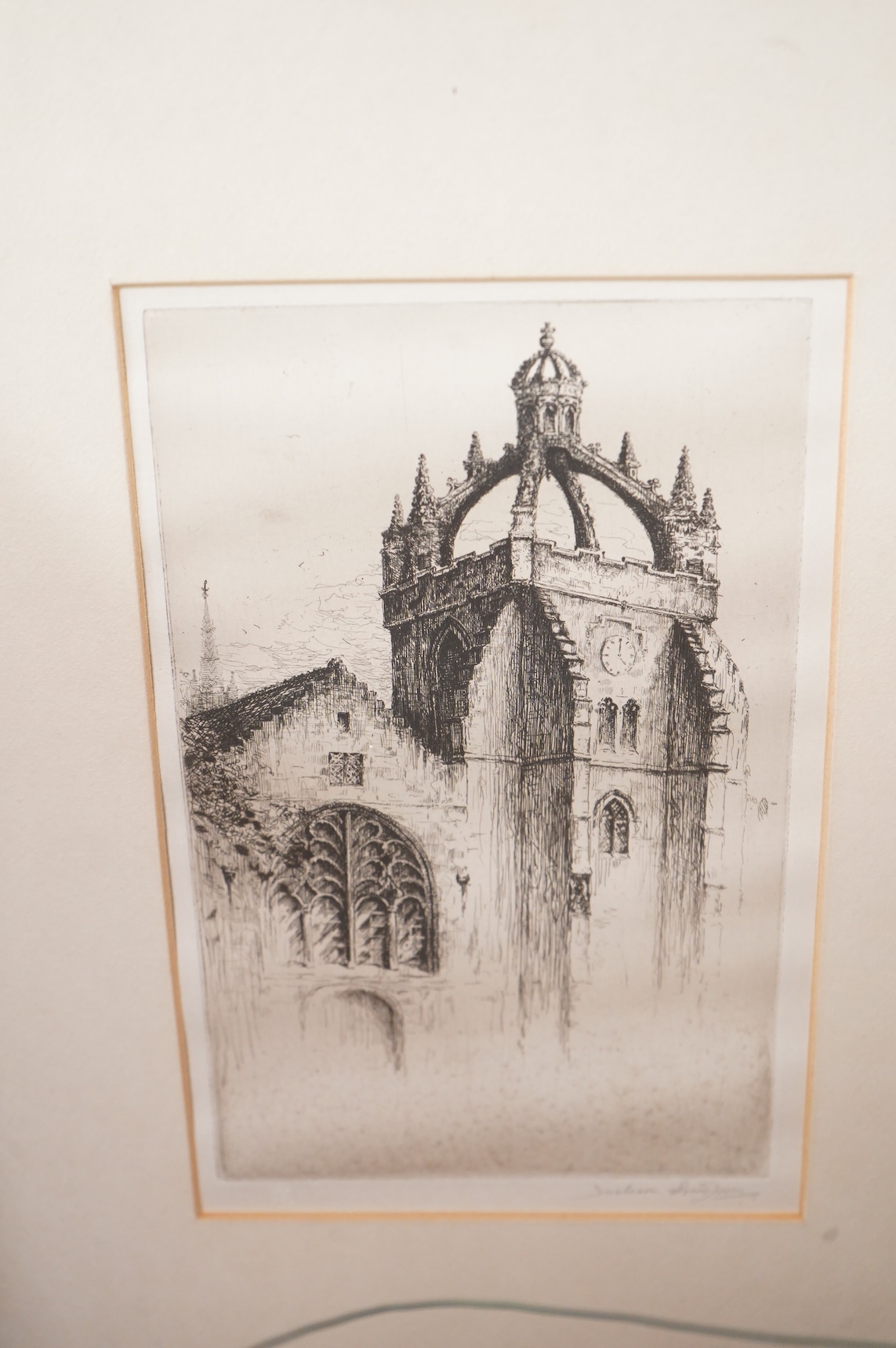 A collection of etchings and prints to include examples by C. Martyn, The Cat and Fiddle Inn, New Forest and a pair of etchings by Jackie Simpson, Graduation Hall, Narishal College, Aberdeen together with two pencil sket